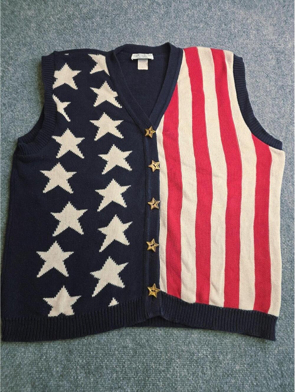 VTG 80s American Flag Knit Sweater Loft VEST Patriotic Cotton Retro USA 2XL